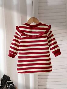 SHEIN Playful Pals Baby Girl Casual Striped Lapel Long Sleeve Dress, Spring/Autumn Fall Winter - Burgundy - View 2