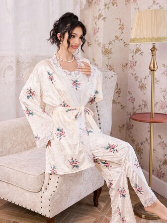 CottageSlumber 3 st Dam Höst/Vinter Sammet & Spets Romantisk Rose Blommig Linne Topp & Långbyxor & Morgonrock Pyjamasset Kläder