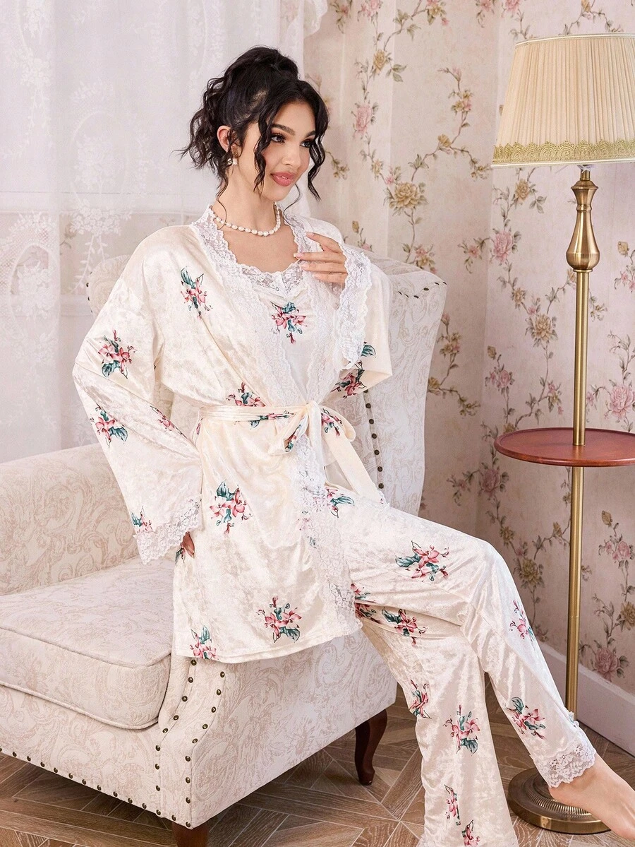 Elorette 3件套女士秋冬丝绒蕾丝浪漫玫瑰花卉吊带背心上衣+长裤+睡袍睡衣套装 - 彩色 - 查看 1