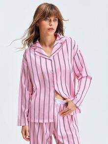 LOUNGEISTA 女士宽松舒适透气条纹长袖睡衣两件套