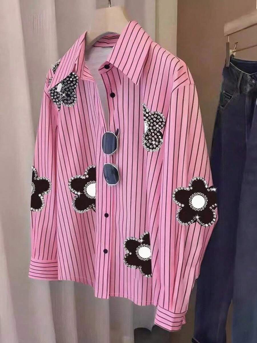 INAWLY Áo sơ mi dài tay họa tiết sọc đính đá cho nữ, phù hợp cho mùa xuân và mùa thu - Nhiều màu - Xem 1