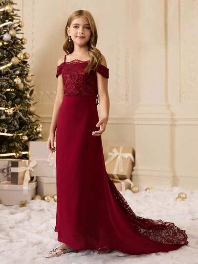 少女蕾丝雪纺露肩拖尾连衣裙，适合花童、舞会、婚礼、生日派对、圣诞节、万圣节、返校、毕业典礼