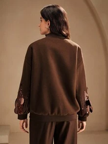 Anewsta 女式超大号串珠落肩拉链棒球领宽松羊毛混纺夹克 - 咖啡棕 - 查看 2