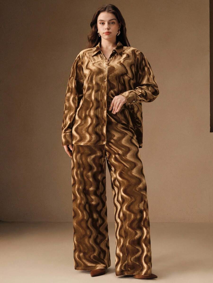 Anewsta Fashionable Modern Wavy Textured Velvet Loose Suit - Khaki - View 1