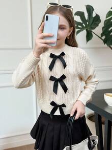 SHEIN Tween Girls' Casual Elegant Knitted Colorblock Bow Turtleneck Sweater, Versatile & Cute For Everyday Wear, Autumn/Winter Fall - Khaki - View 8