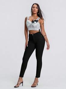 SHEIN Essnce 女式休闲百搭纯色紧身牛仔裤 - 黑色 - 查看 4