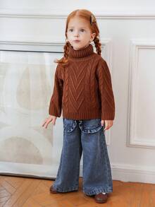 Toddler Girls' Textured Turtleneck Long Sleeve Sweater Fall Winter - Brown - View 11