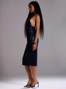 MUSERA 露背深V领PU修身无袖中长连衣裙，性感外出优雅反乌托邦派对时尚别致 - 藏蓝色 - 查看 3