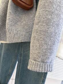 SHEIN Franclia 女士休闲宽松连帽长袖基本款灰色针织套头衫，秋冬款 - 灰色 - 查看 6