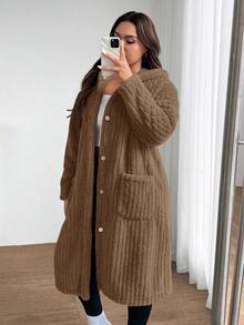 SHEIN EZwear 大码女式棕色连帽中长款休闲双面抽绳羊毛夹克 - 棕色 - 查看 6