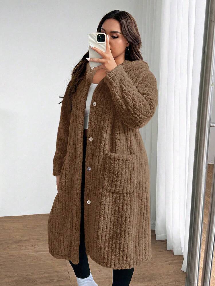 SHEIN EZwear Jaqueta Casual Reversível de Moletom com Capuz e Cordão, Comprimento Médio, Marrom, Plus Size para Mulheres - Castanho - Visão 6