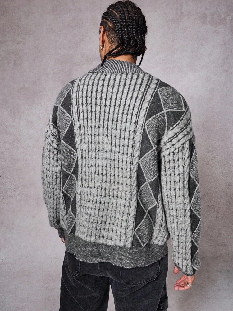 Men's Plaid Cable Knit Cardigan Sweater, Autumn