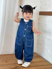 SHEIN 女童简约日常装蓝色牛仔无袖圆领衫 - 中等水洗藍 - 查看 6