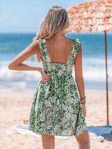 Sylviya 夏季度假风格细肩带女士热带印花迷你连衣裙 - 綠色 - 查看 2