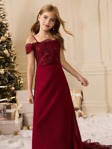 少女蕾丝雪纺露肩拖尾连衣裙，适合花童、舞会、婚礼、生日派对、圣诞节、万圣节、返校、毕业典礼 - 酒紅色 - 查看 8