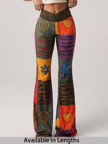 SHEIN Tall CURVE 大码女式时尚复古撞色印花喇叭裤 - 彩色 - 查看 1