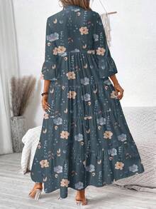 EMERY ROSE Casual Vintage Floral Pattern Elegant Plus Size Dress, Suitable For Autumn/Winter - Blue - View 5