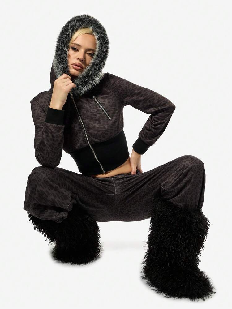 SUMWON WOMEN Leopard Print Fleece Joggers With Hood