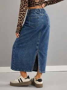 SHEIN Tween Girls Fashion Casual Y2k Vintage Cool Street Returns To School College Street Blue Denim Slit Washable Design Denim Skirt For Tween Girl Clothes Tween Girls Costume Dailywear And Tween Girl Winter And Fall Rave Outfits Festival And Outfits Streetwear School Clothes