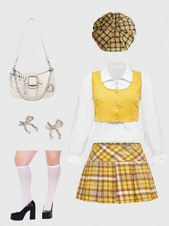 ROMWE Avant Plus Size Horowitz Halloween Costume Knit Sweater, White Collar Tie Blouse, Yellow-Brown Houndstooth Chain Midi Skirt 2 Pieces Set, Cosplay Holiday Outfit, Plus Size Women 2 Pieces Top And Skirt Set For Autumn/Winter