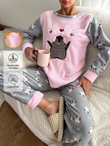 SHEIN Cottnline Cartoon Graphic Flannel PJ Set - Multicolor - View 1