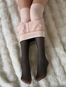 DAZY 女士保暖内衬弹性腰部紧身裤，适合秋冬季女士羊毛紧身裤 - 黑色 - 查看 2