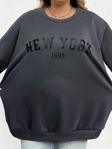 SHEIN CURVE+ 秋冬大码休闲宽松纽约图案圆领长袖女式运动衫 - 深灰色 - 查看 7