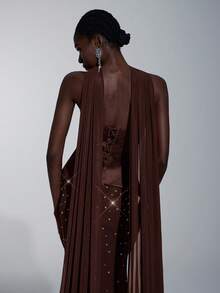Elitara Gaun Malam Formal Wanita Elegan, Mewah, dan Sangat Berhias Rhinestone, Buatan Tangan, dengan Kerah Bunga dan Cangkang Logam, Model Ekor Duyung - Coffee Brown - View 8
