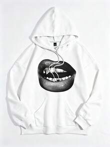 Slaydiva Sudadera holgada de mujer con capucha con cordón, de manga larga, con estampado minimalista de labios en color blanco, para otoño/invierno - Blanco - Ver 2