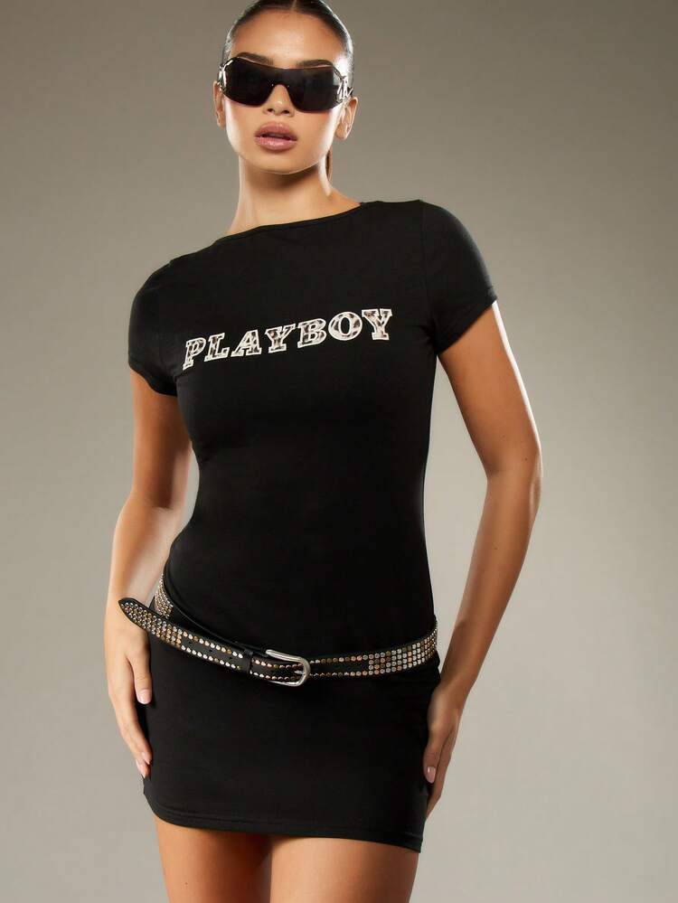 Missguided x Playboy Cotton Mini Bodycon Dress Applique Logo Y2K Style Gothic Short Sleeve Retro Stretch Party Clubwear Fall Winter Slim Fit Fitted