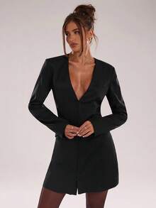 SHEIN BAE 黑色修身长袖紧身连衣裙，优雅风格 - 黑色 - 查看 4