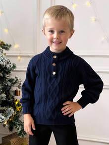 SHEIN Young Boy Cable Knit Button Front Sweater,In Fall/Winter