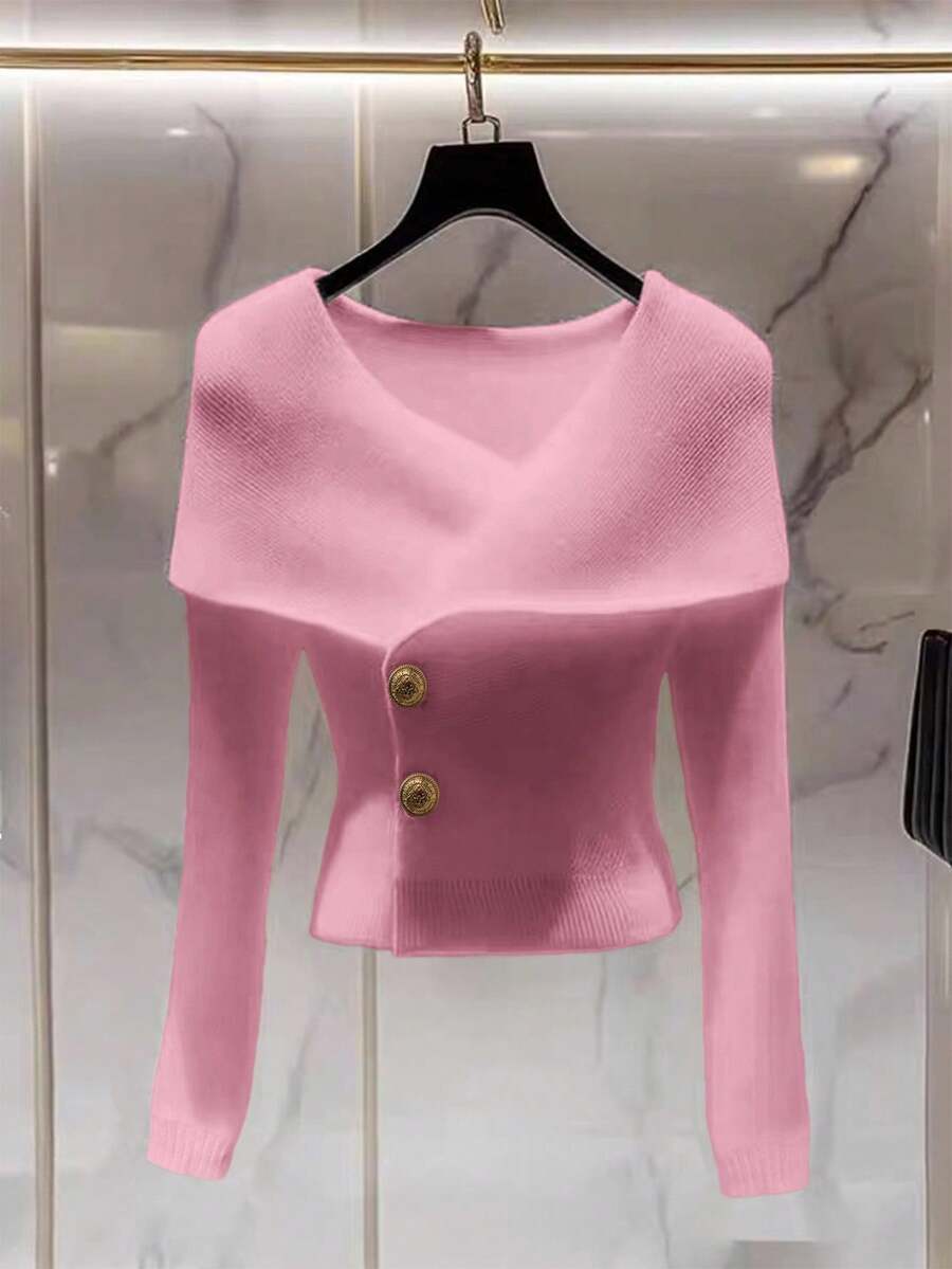 Franclia 女式简约时尚十字领纯色插肩袖金属纽扣修身开衫 - 粉色 - 查看 1