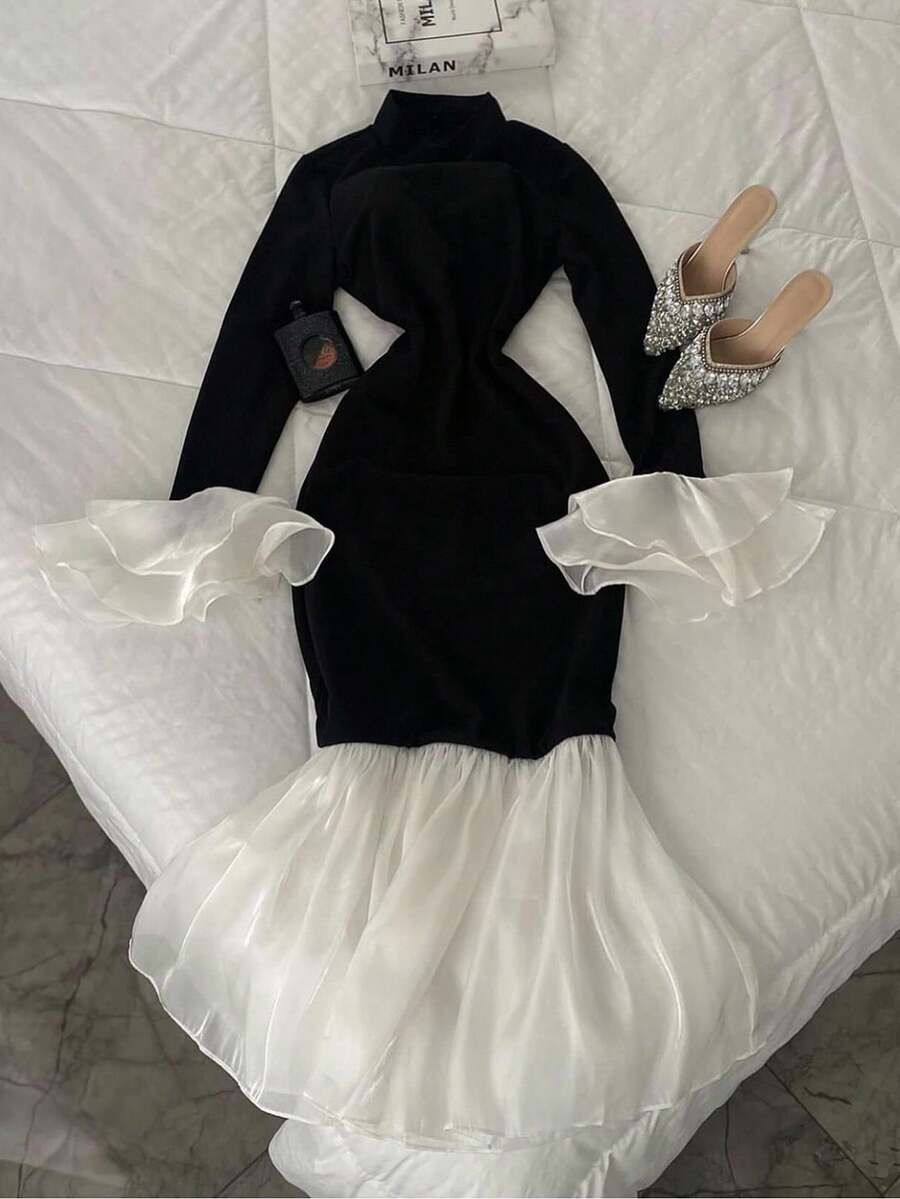 INAWLY Plus Size Color Block Stand Collar Ruffle Hem Fitted Long Sleeve Dress - Black - View 1