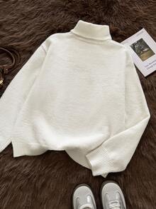 SHEIN Unity Suéter de Lã Elegante Off-White com Gola Alta para Mulheres,Malha Quente de Manga Longa com Bordado de Contas,Estilo Vintage para Brunch,Encontros&Festas - Bege - Visão 7