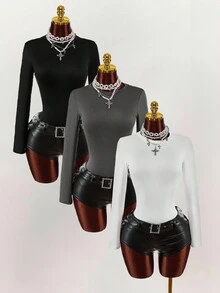 Amplova Set de 3 camisetas de manga larga de cuello redondo, de unicolor, de ajuste ceñido y casual, adecuadas para primavera, otoño e invierno - Multicolor - Ver 1