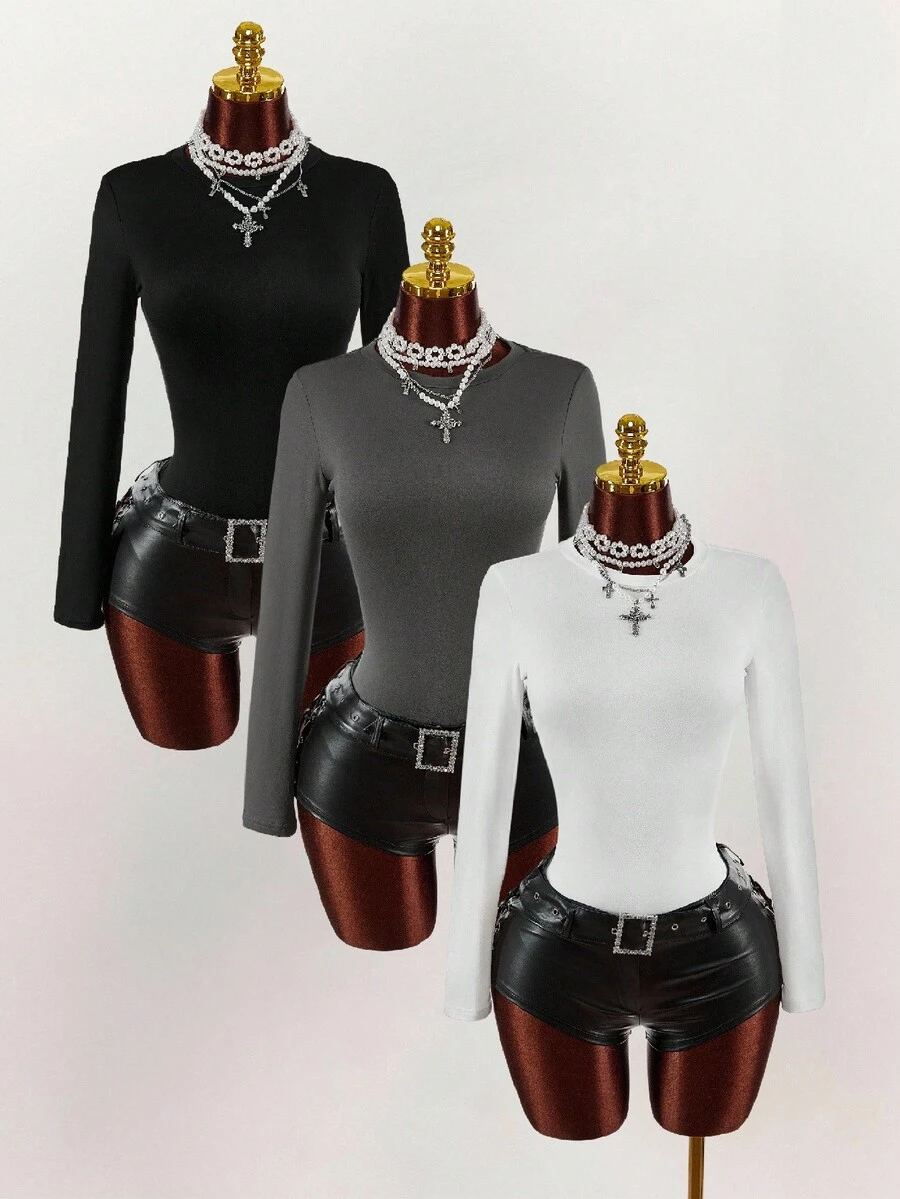 Amplova Set de 3 camisetas de manga larga de cuello redondo, de unicolor, de ajuste ceñido y casual, adecuadas para primavera, otoño e invierno - Multicolor - Ver 1