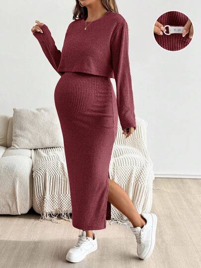 SHEIN Maternity Solid Color Round Neck Short Sleeve Top And Skirt 2 Pieces Set Knit Two Piece Set Modest Two Piece Set Two Piece Set Women Dress Ribbed Two Piece Set Comfortable Two Piece Set