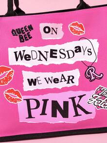 Mean Girls | SHEIN 1 件带字母图案的涤纶手提袋，大容量，适合通勤、上学、户外活动、女性使用，“星期三我们穿粉色” - 玫紅色 - 查看 5