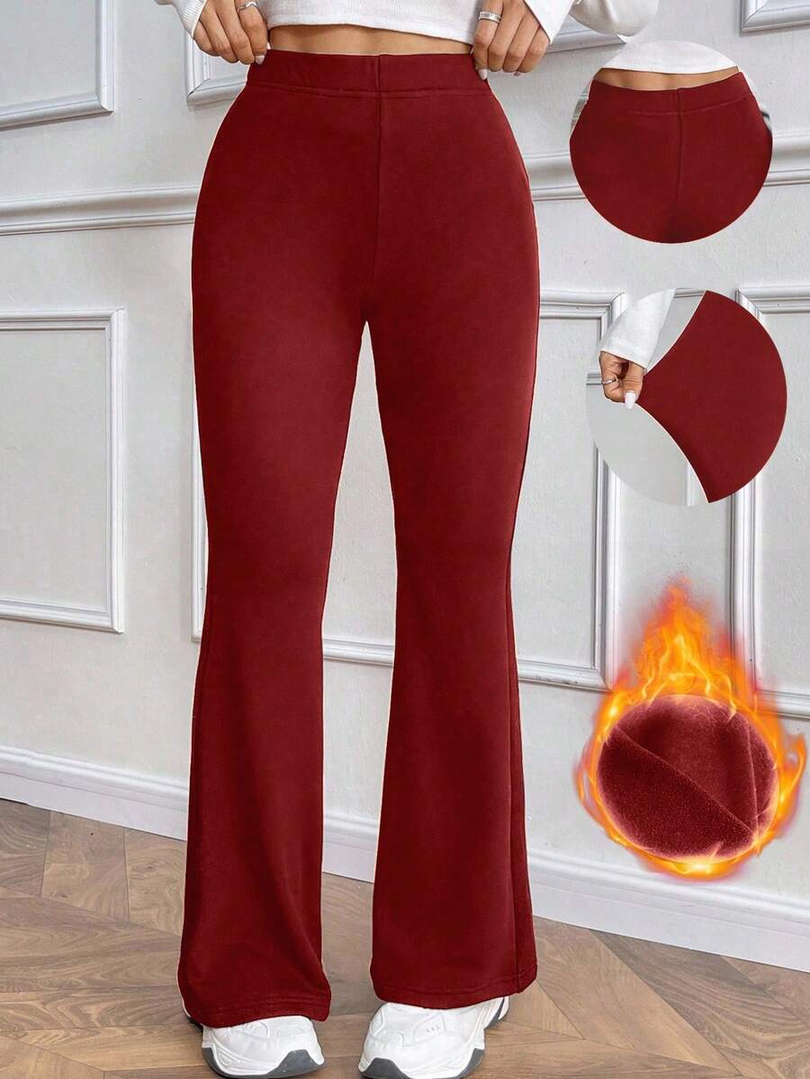 Chiquease 女式休闲日常百搭紧身保暖高腰喇叭裤，松紧腰，黑色，冬季 - 酒紅色 - 查看 1