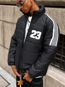 Major Grit Manfinity Streetrush Men's Warm Quilted Padded Winter Black Puffer Jacket,Black And White,Streetwear,Work Cropped Zip Up Coat With 23 Patterns Y2k - Black - View 5