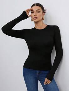 SHEIN Tall 女款 3 件組修身圓領長袖 T-shirt 套頭上衣，白色與棕色，秋季基礎款，冬季日常純色休閒修身上衣，適合高個女性 - 彩色 - 查看 10