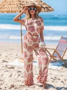 Sylviya Women Casual Printed Blouse And Pants 2 Pieces Set, Lightweight Summer Vacation Everyday Outfit