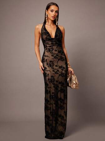 Silquee 黑色植绒垂褶领系带长裙，适合秋冬季节，可作圣诞节、伴娘礼服、婚礼季蕾丝长裙、黑色长裙、正式邮轮晚宴礼服