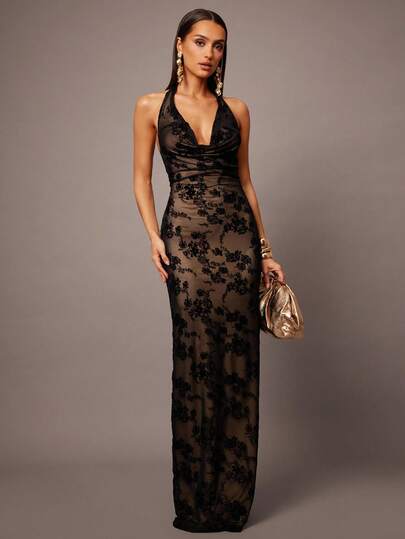 Silquee Black Flocked Draped Neck Tie-Up Long Dress For Women, Autumn/Winter, Suitable For Christmas, Bridesmaid Dress, Wedding Season Lace Maxi Dress Long Black Dress Formal Cruise Dinner Dress