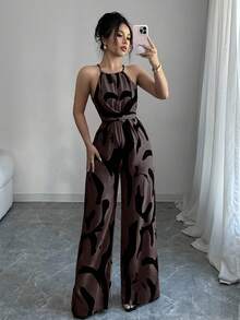 Elenzga 女士印花面料束腰连体裤，优雅度假和日常穿着 - 巧克力棕 - 查看 6