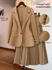 GlowEve CURVE Plus Size 2 Pieces Set: Solid Color Long Sleeve Jacket And A-Line Skirt, Minimalist And Fashionable, Suitable For Summer Fall Cloth For Women - Brown - View 1