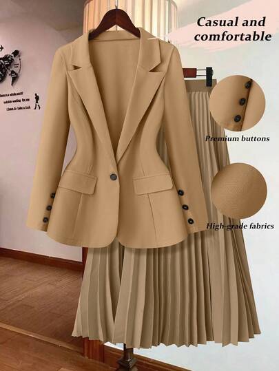 GlowEve CURVE Conjunto de 2 piezas de talla grande: chaqueta de manga larga de unicolor y falda entallada, minimalista y de moda, adecuado para el verano