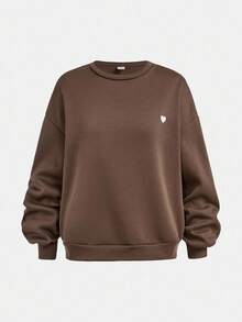 SHEIN Girlism 少女休闲/校园、返校、运动/圆领/刺绣/猪鼻扣/松紧下摆/连帽衫/运动裤/两件套/波西米亚风/街头服饰~套头衫~运动服~舒适 - 棕色 - 查看 6