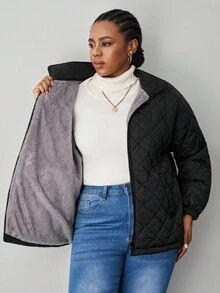 SHEIN Tall CURVE Chaqueta casual de talla grande para mujer, de unicolor y con forro térmico, para otoño/invierno - Negro - Ver 6